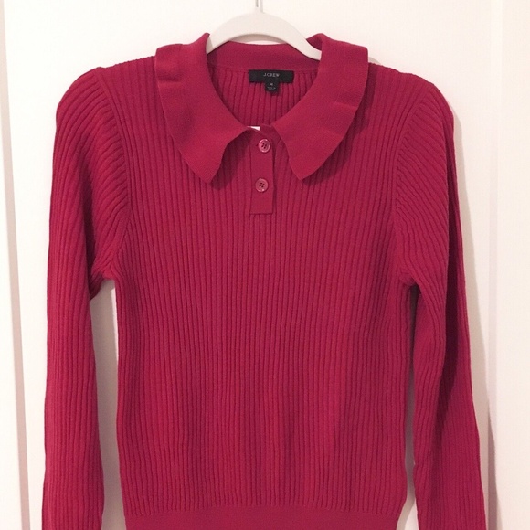 J. Crew Frosty Berry Pink Ruffle Collar Ribbed Sweater Merino Wool - M - Picture 2 of 6